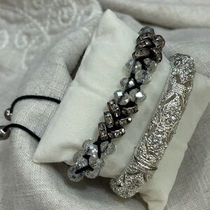 2 Bracelets-Silver & Rhinestone‎ Stretch Bangle AND Black W/Rhinestone Bracelet